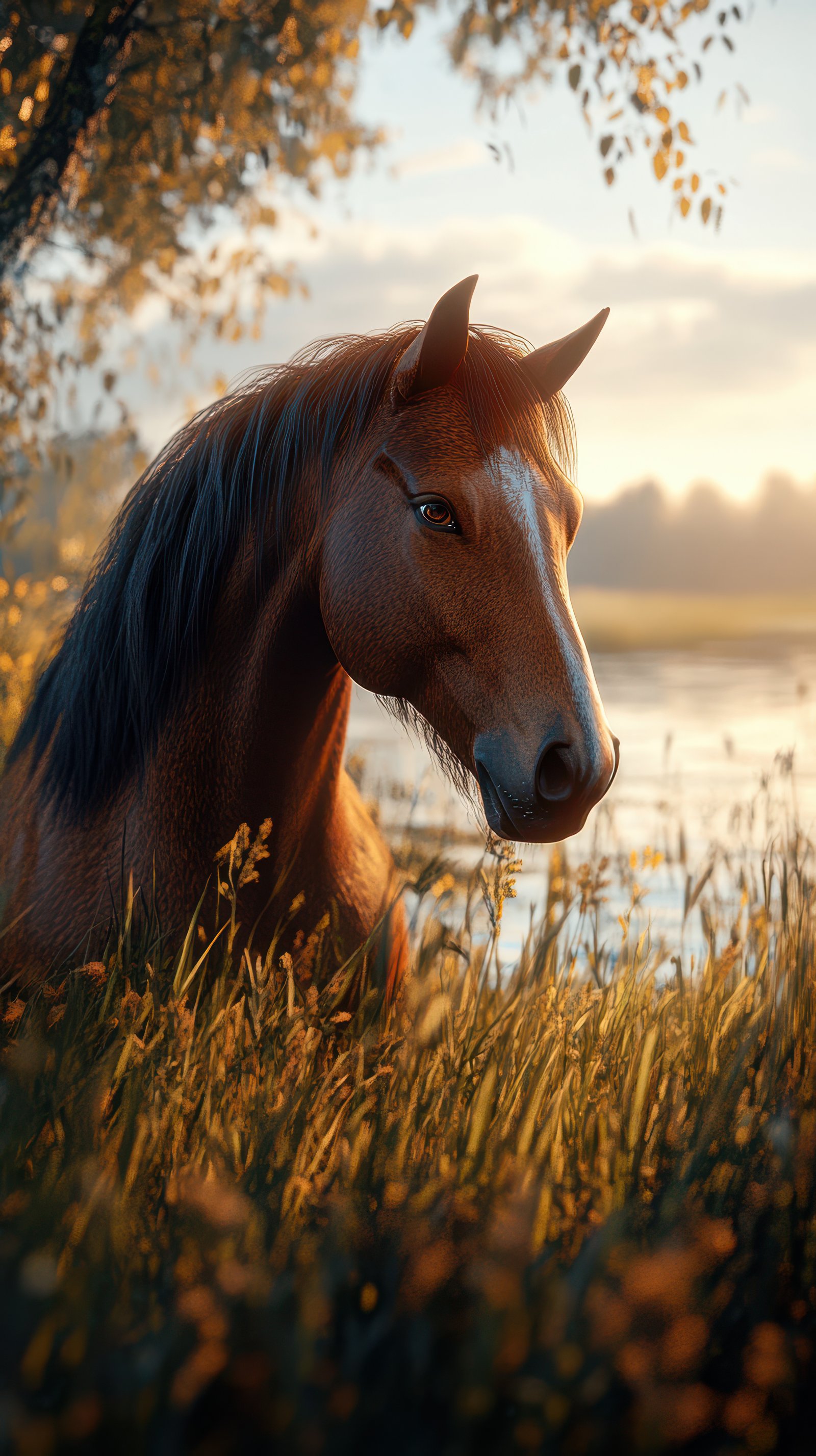 Majestic horse rests in golden light by the river during autumn afternoon